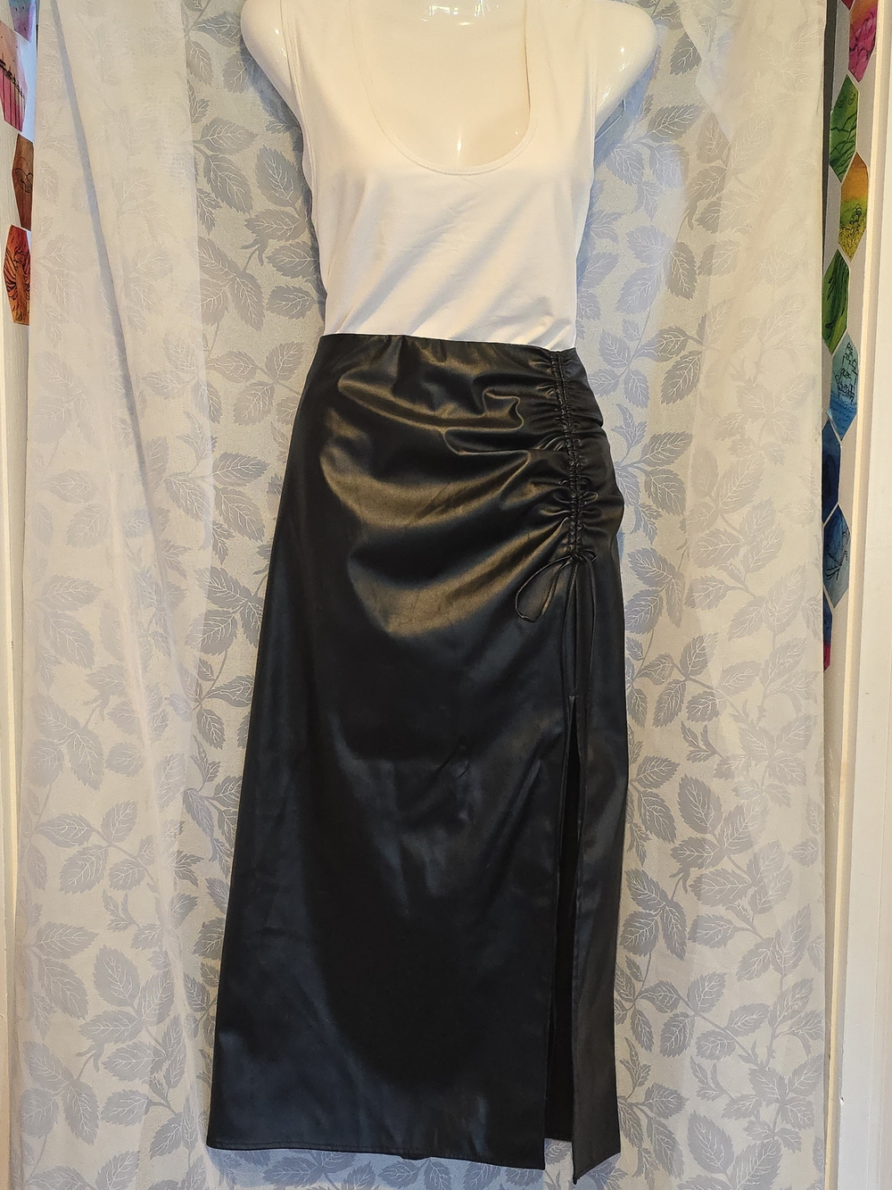 Women’s Black Faux Leather Ruched Side-Slit Midi Skirt